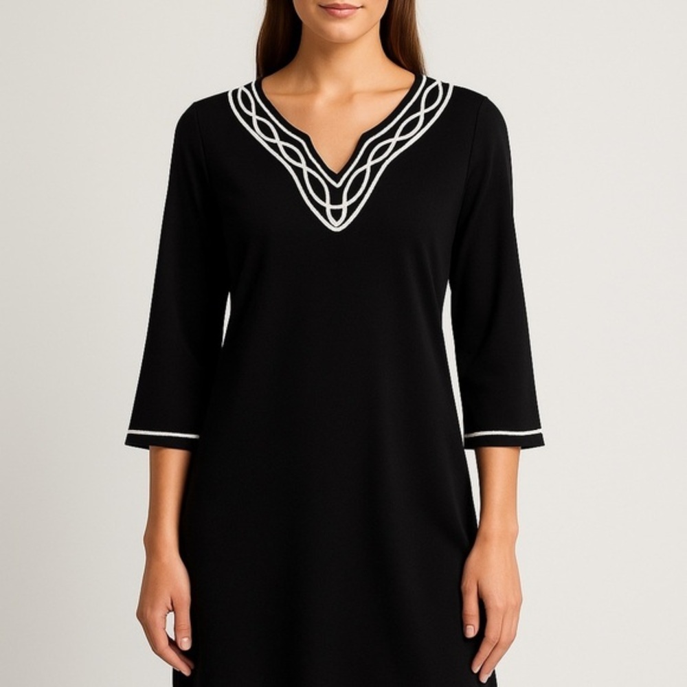 Ava Lynn Black Tunic Dress with White Embroidered Trim – Made in USA – Size M/L